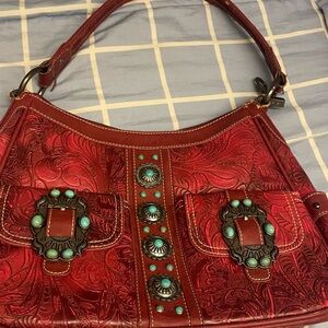 Chic Red Embossed Shoulder Bag with Turquoise Accents